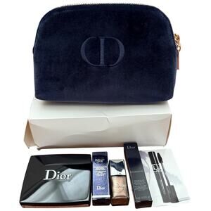 DIOR Makeup Bag Navy Blue Velvet Travel Case Blush Lipstick Mascara Nail Polish